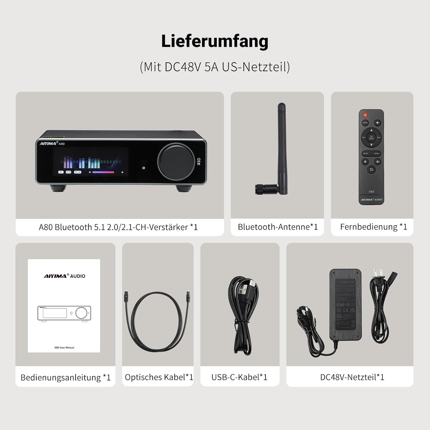 AIYIMA A80 Leistungsverstärker DAC Mit PFFB TPA3255D2 Stereo Hifi 2.0 Kanal Klasse D Bluetooth Verstärker 300Wx2 ESS9038Q2M Decoder Heimkino-Receiver Mit PC-USB Koaxial Optischer TRS Cinch-Eingang
