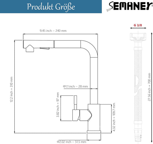 Hochdruck Wasserhahn Küche Ausziehbar, SEMANEY 2 Modi Küchenarmatur Mit Brause Ausziehbar, 360° Schwenkbar Spültischarmatur Mischbatterie Küche, L Form Einhebelmischer Armatur Küche, Gebürstet