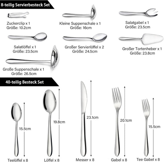 48-Teiliges Besteckset, Edelstahl-Besteckset Für 8 Personen Mit Besteck-Servierset 10-Teilig Bestehend Aus Messer, Gabel, Löffel, Besteck-Serviergerät, Polierter Edelstahl, Glänzend, Spülma