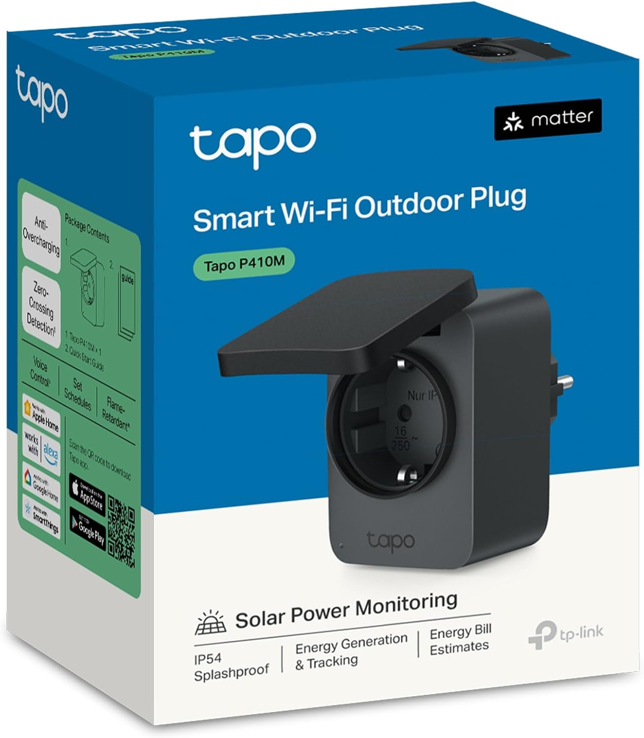 Tapo P410M WLAN Outdoor Steckdose, Smart Home Plug Mit Stromzähler, IP54, Funktioniert Mit Alexa, Google Assistant, Siri, Smartthings & Matter, Fernsteuerung, Zeitplan, 2,4 Ghz WLAN, 3680W/16A