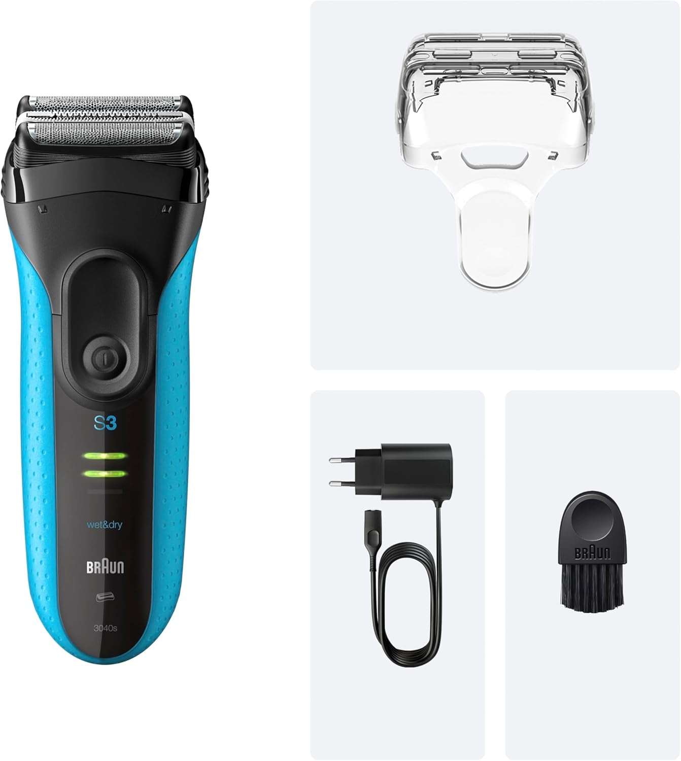 Braun Series 3+ Rasierer Herren Elektrisch, Elektrorasierer, 3 Flexible Klingen, Rasierapparat, Effizienter Microcomb Mitteltrimmer, Präzisionstrimmer, Nass- & Trockenrasierer Für Männer, 3040Si, Blau