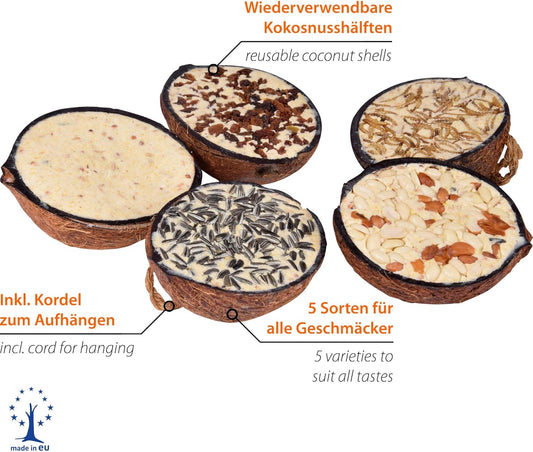 Dobar® 10X Gefüllte Kokosnuss Vogelfutter Zum Aufhängen - 5 Sorten Vogelfutter Für Die Ganzjahresfütterung - Fettfutter-Füllungen Für Wildvögel - Wildvogelfutter 2 Kg (1Er Pack)