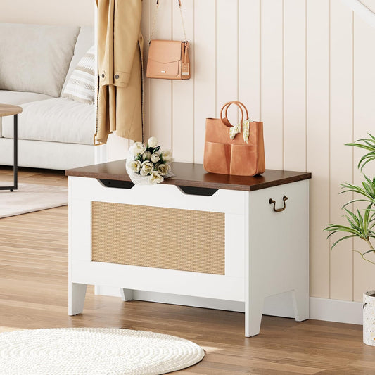 76Cm Sitztruhe Aufbewahrungsbank Aus Holz, Sitzbank Mit Stauraum Mit 2 Sicherheitsscharnieren, Multifunktionale Schuhbank Für Flur, Wohnzimmer, Schlafzimmer