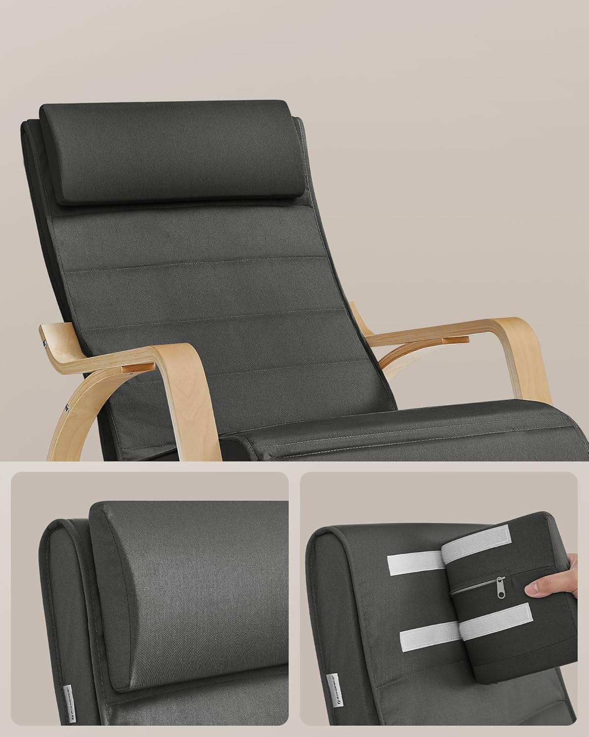 SONGMICS Schaukelstuhl, Mit Armlehnen Aus Birkenholz, Schaukelsessel, 5-Fach Verstellbare Fußstütze, Bis 150 Kg Belastbar, Für Schlafzimmer, Wohnzimmer, Dunkelgrau-Naturfarben LYY10G