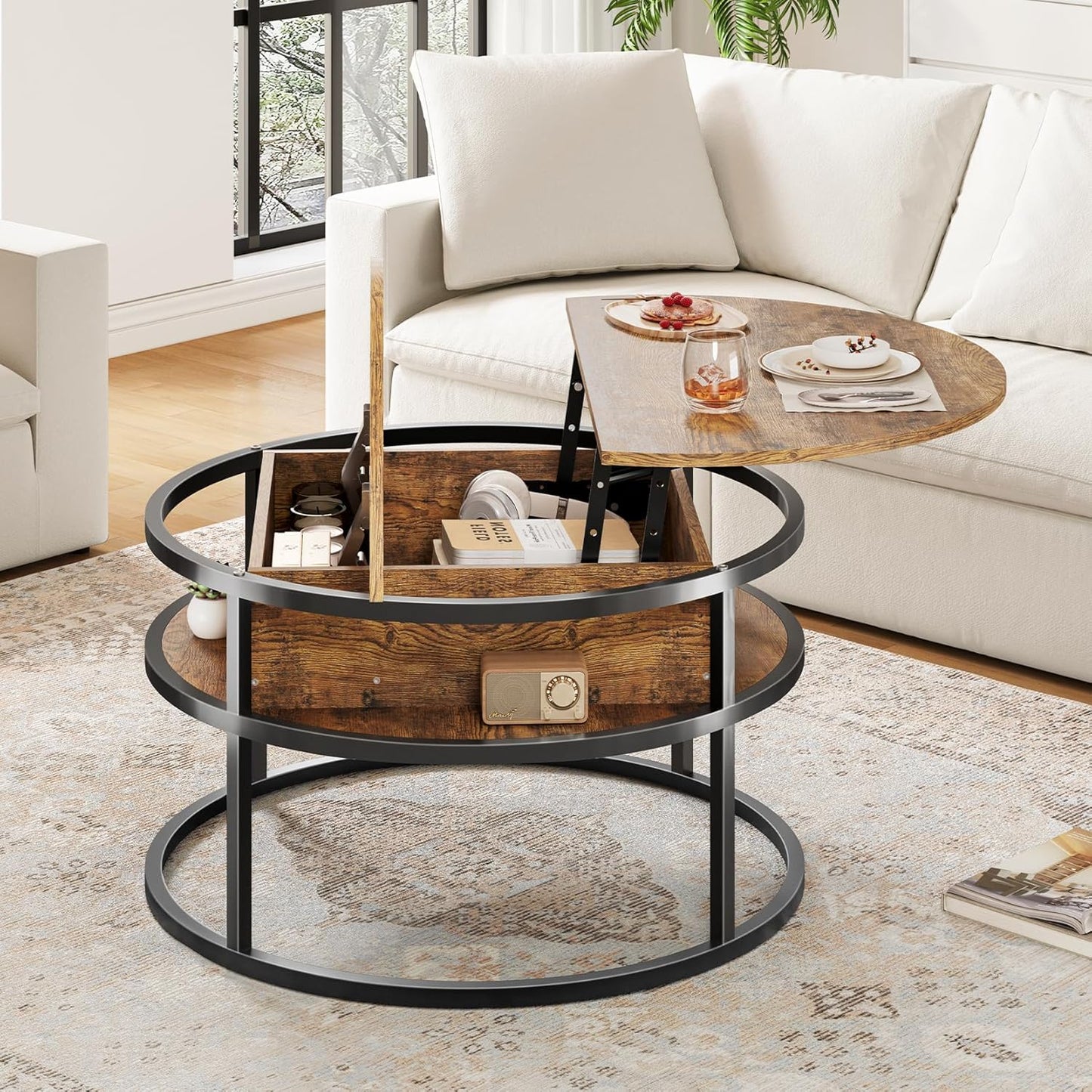 Dripex Couchtisch Rund, 81Cm Durchmesser, Höhenverstellbar Beistelltisch Mit Verstecktem Stauraum, Wohnzimmer Mit Hebeplatte,Couch Tisch,Kaffeetisch, Holz Wohnzimmertisch Für Wohnzimmer, Büro