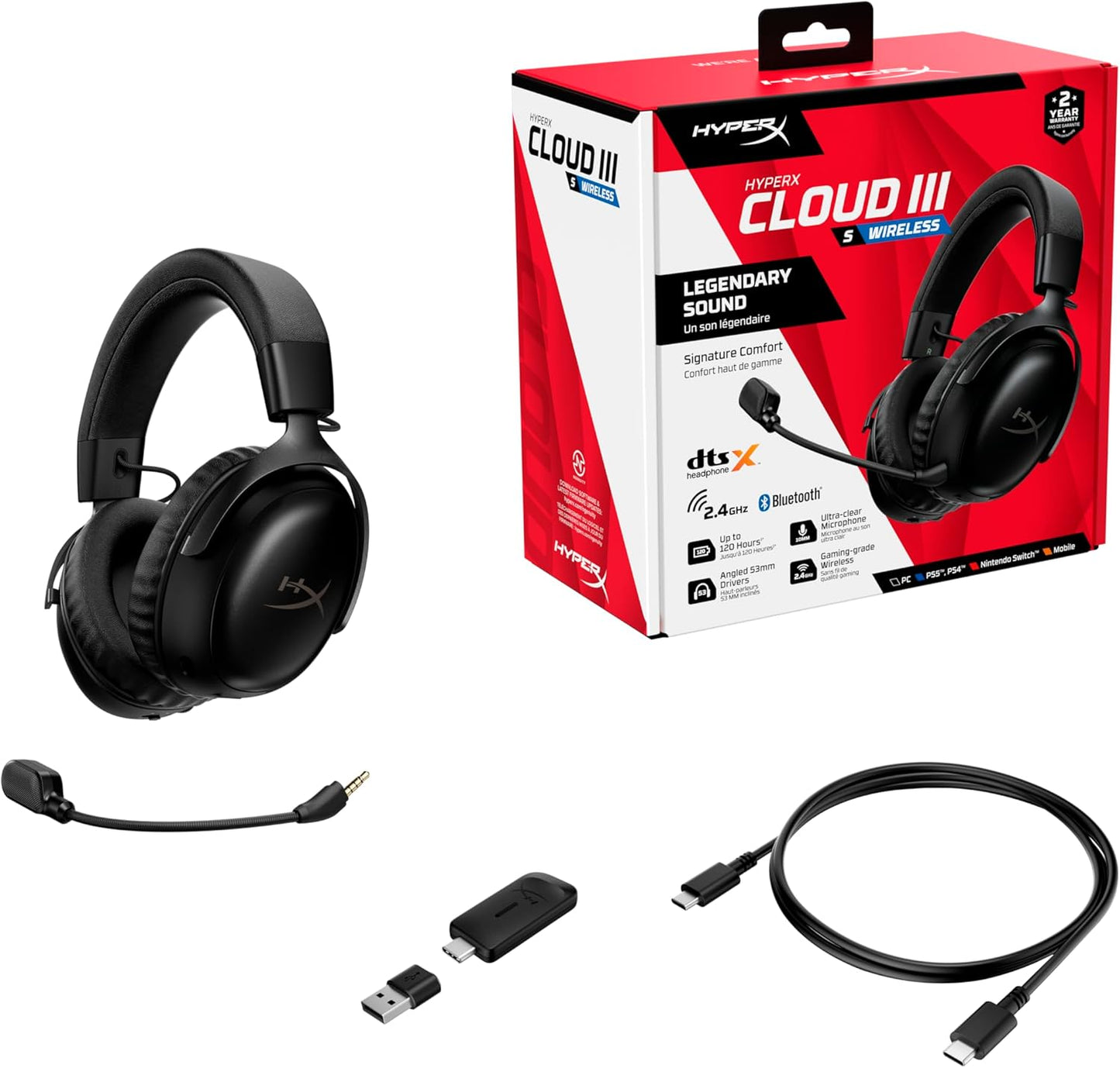 Hyperx Cloud III S – Kabelloses Gaming-Headset, Multiplattform, 2,4 Ghz, Bluetooth, Akkulaufzeit Bis Zu 120 Stunden, 2,4 Ghz, 53-Mm-Neigungstreiber, 10-Mm-Abnehmbares Mikrofon – Schwarz