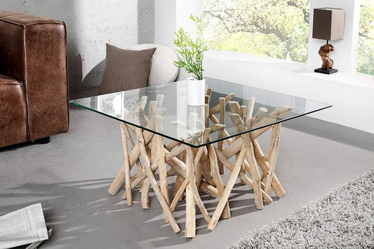 Design Teakholz Couchtisch Driftwood Mit Glasplatte Eckig Tisch Treibholz Holztisch Wohnzimmertisch