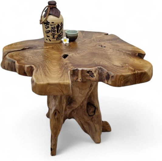 Kinaree Massivholz Couchtisch ALOR Setar - Ø 65-70Cm - Holz Beistelltisch Aus Massivem Teak in Rustikaler Optik, Mit Tischplatte Aus Wurzelholz Baumscheibe (50 X 65-70Cm)