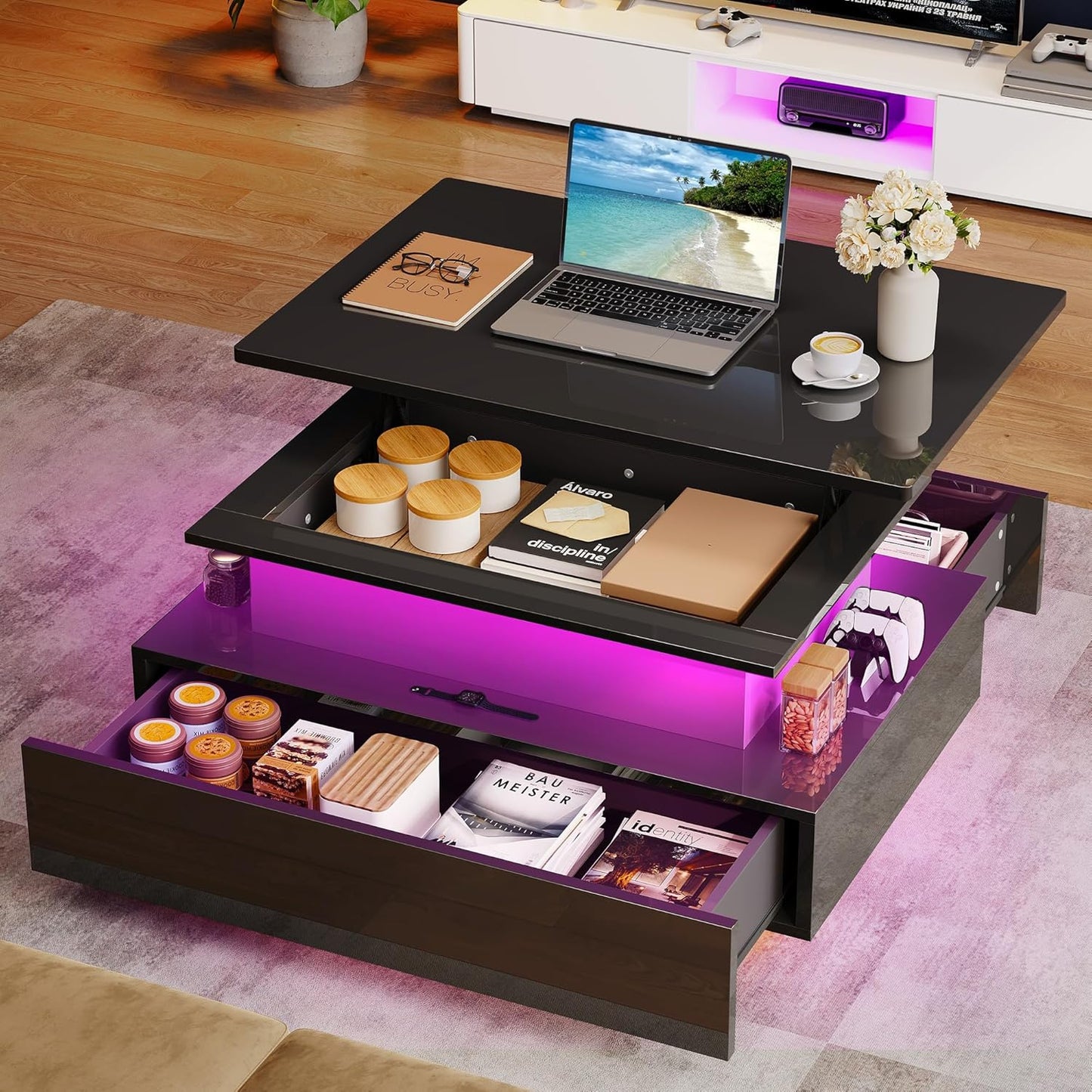 YITAHOME Couchtisch Höhenverstellbar, Wohnzimmertisch Hochglanz Mit Hebeplatte,Couch Tisch Wohnzimmer Mit 16-Farbiger LED Modern and 2 Schubladen