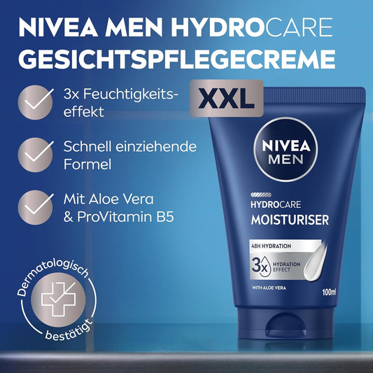 NIVEA MEN Hydrocare Moisturiser, 48H Feuchtigkeitscreme Für Trockene Männerhaut, Feuchtigkeitsspendende Gesichtscreme Mit Aloe Vera Und Provitamin B5 (100 Ml)