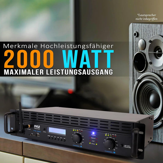 Pyle Verstärker, Mini Verstärker, 2000W- Bluetooth, Amplifier, Stereo, Audio - Rackmount- 2 Kanal Mit TRS XLR- Eingang, LCD, Brückenmodus, Stereo Receiver, Kabellos