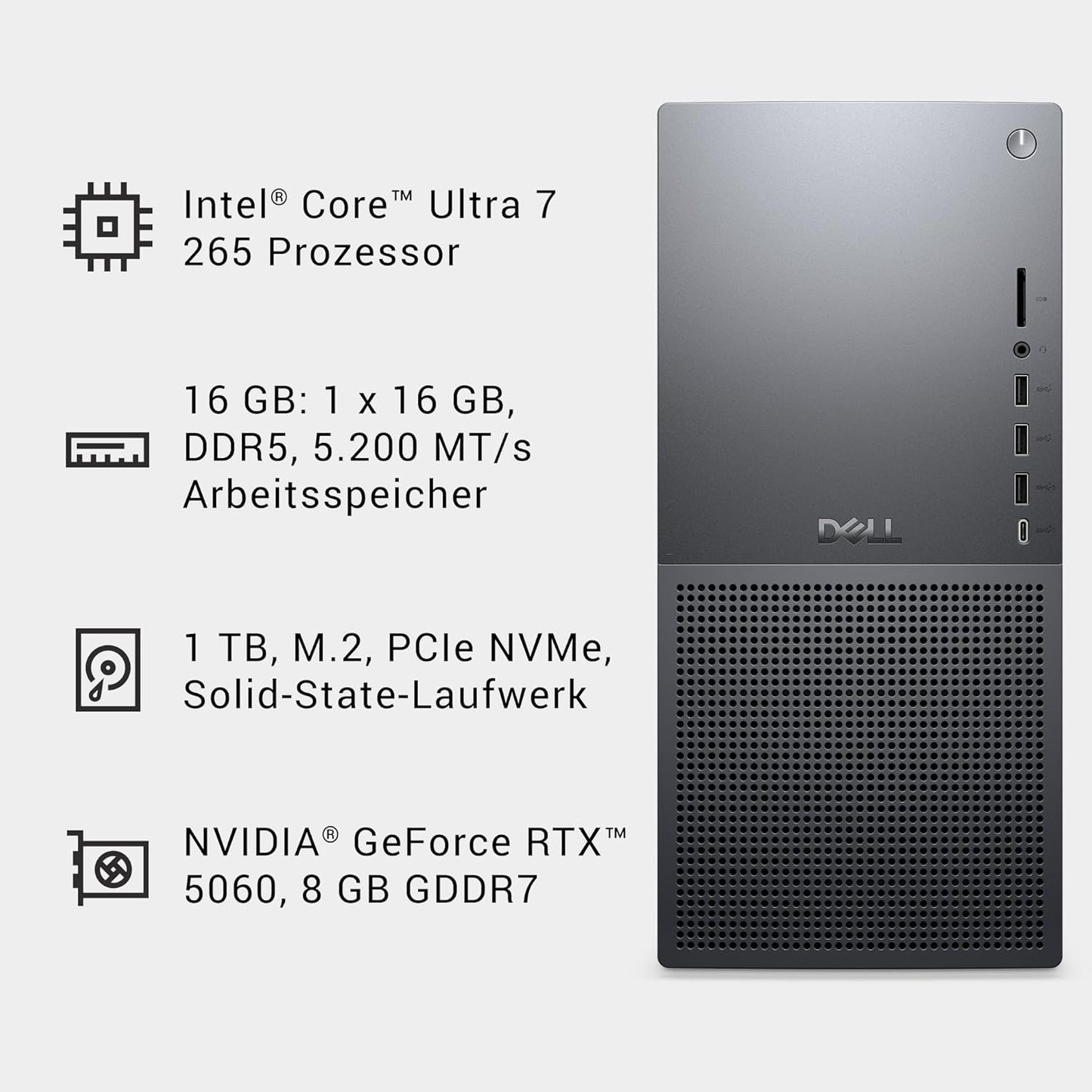 Dell Tower plus EBT2250 Desktop-Pc - Intel Core Ultra 7 Series 2, 16GB RAM, 1TB SSD, NVIDIA Geforce RTX 5060, Wi-Fi 7, HDMI, Thunderbolt 4, Mcafee Business Protection 1 Jahr, Windows 11 Pro, Graphit