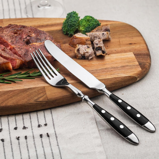 Alata Besteck Set Für 6 Personen - Rustikales Tafelbesteck Set Aus Edelstahl Mit Schwarzen Griffen - Geschmiedet Und Schwer - Serie Berlin