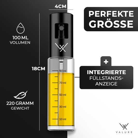 VALUXE® Ölsprüher - Das ORIGINAL - Extrem Präzise Öl-Sprühflasche Aus Edelstahl Und Glas - Multifunktionaler Premium Öl-Spray - Coole Küchen Gadgets Für Speiseöl - Oil Spray Zum Kochen
