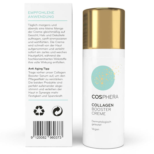 Cosphera Collagen Booster Creme 50 Ml Vegan - Mit Hyaluronsäure, Peptiden & Vitamin B3 - Gesichtscreme Gegen Falten - anti Faltencreme Gegen Tränensäcke, Augenringe Und Stirnfalten