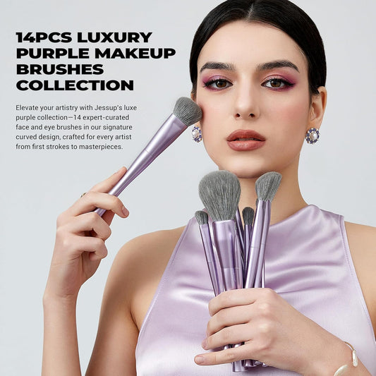 Jessup Pinselset Make up Pinsel Set, Professionell 14-Teilig Vegan Makeup Pinsel Für Foundation Lidschatten Concealer Kontur Puder Rouge Verblenden Eyeliner Hochwertige Kunstfaser Luxus-Lila T512