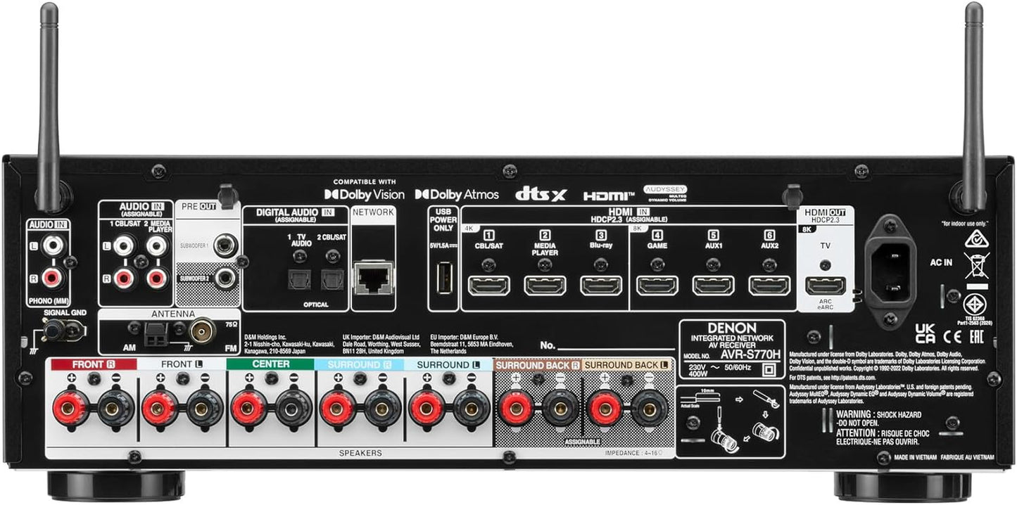 Denon AVR-S770H 7.2-Kanal Av-Receiver, Dolby Atmos, DTS:X, 6 HDMI Eingänge Und 1 Ausgang, 8K HDMI, HEOS Built-In, Bluetooth, WLAN, Airplay 2, Alexa Kompatibel - Schwarz