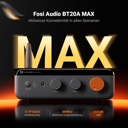 Fosi Audio BT20A MAX Verstärker Hifi Stereo, 300 Wx2 Hifi-Verstärker Mit Pffb-Technologie, LDAC Bluetooth 6.0, Zwei Unabhängige Netzteile, Fernbedienung, Ideal Für 2.1-Systeme Und Heim-Audioanlagen