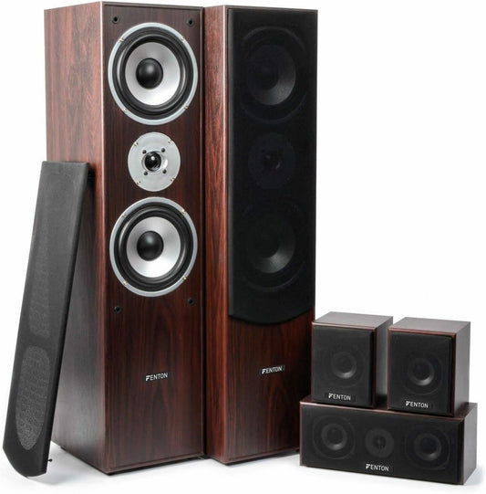 Fenton HF5B - Heimkino Musikanlage Für Audiosystem 1150 Watt - 5.0 Surround Sound System Mit Verstärker, 6-Teiliges Home Entertainment System, Soundsystem Für Fernseher - Nuss Braun
