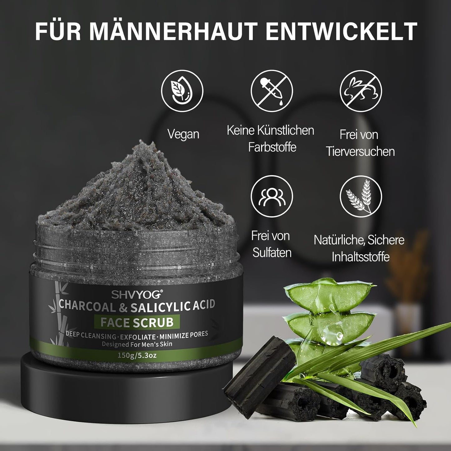 Charcoal Salicylic Acid Face Scrub for Men, Gesichtspeeling Für Männer, Reduziert Mitesser, Akne, Verstopfte Poren, Ölkontrolle, Rasurvorbereitung Für Männer, Mit Gesichtsreinigungsbürste