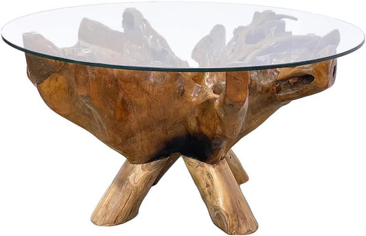 Teak Couchtisch ZONAS 80Cm Natural Massivholz Wohnzimmertisch Mit Glasplatte Wurzelholz