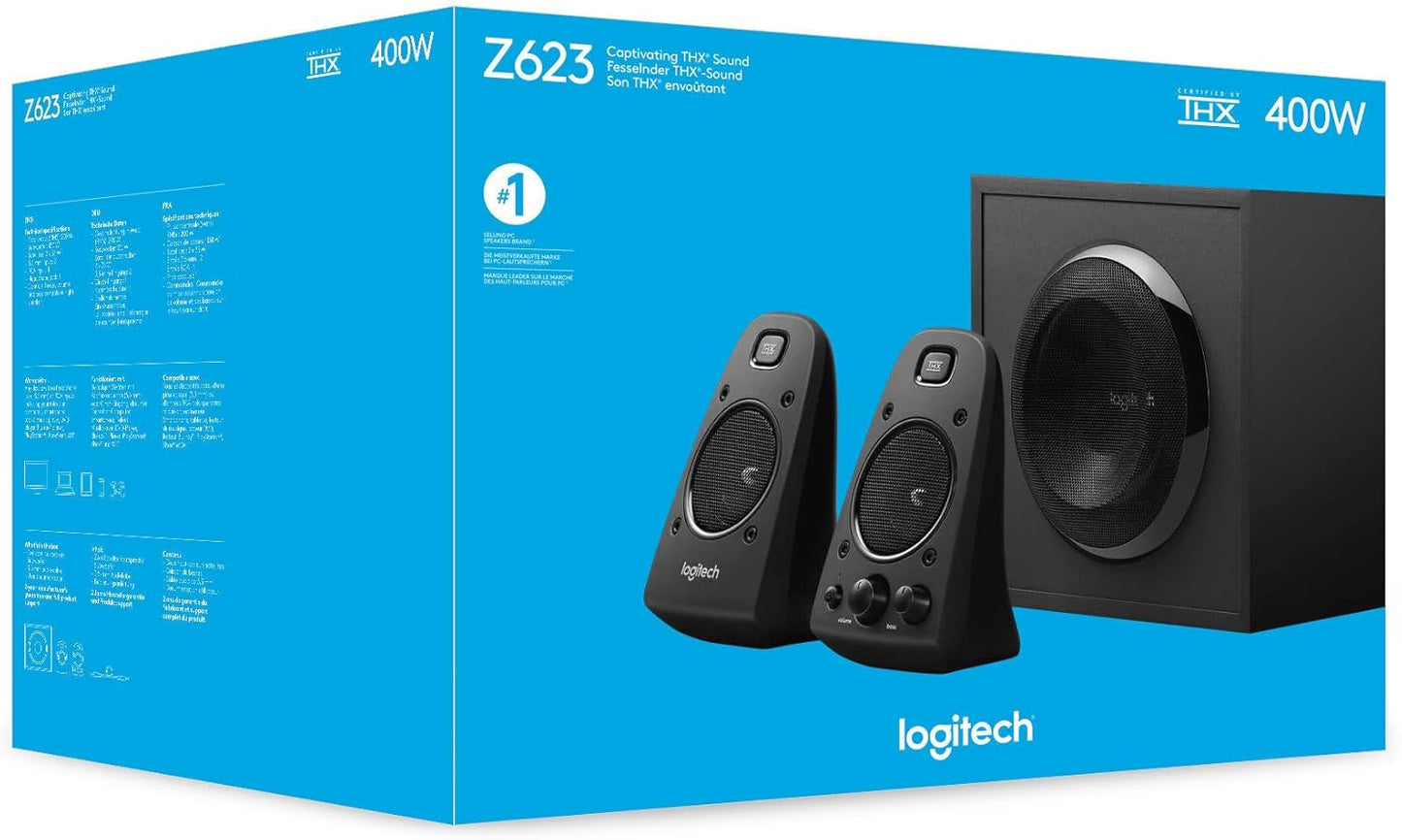 Logitech 980-000403 Lautsprechersystem Mit Subwoofer, THX Audio Zertifiziert, 400 Watt Spitzenleistung, Starke Bässe, Multi-Geräte PC / PS4 / Xbox / TV / Handy / Tablet, Schwarz, 3,5 Mm Eingänge
