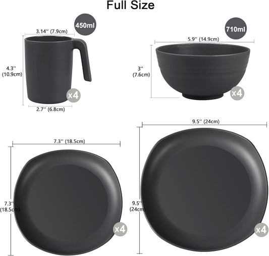 Geschirrset Aus PP | Leichtes & Unzerbrechliches 16 Pcs Geschirrservice Für Kinder & Erwachsene,Tafel-Kombiservice Mit 4 Speiseteller, 4 Dessertteller, 4 Schüsseln,4 Tasse Für 4 Personen