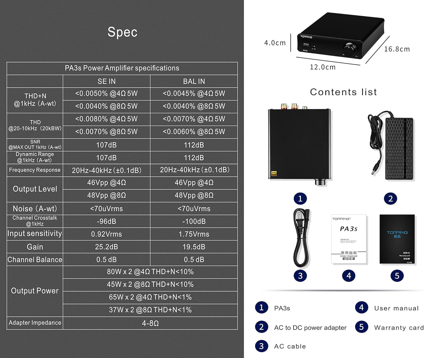 Topping Pa3S Fully Balanced Amplifier MA12070 X 2 Verstärker RCA TRS Class D Amp 80 W X 2 Leistungsverstärker Für Dx3Pro+ Schwarz