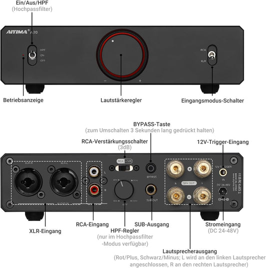 AIYIMA A20 Symmetrischer Stereoverstärker Mit Hpf-Einstellung Home Hifi 2.0/2.1 TPA3255 Desktop-Verstärker Der Klasse D PFFB Mit Cinch-/Xlr-Eingang Und 12-V-Trigger-Eingang Für Passive Lautsprecher