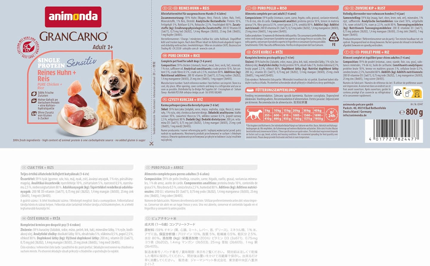 Animonda Grancarno Hunde Nassfutter Sensitiv Reines Huhn + Reis (6 X 800G), Getreidefreies Hundenassfutter Ohne Zucker, Für Ausgewachsene Hunde, Mit Frischen Fleischigen Zutaten