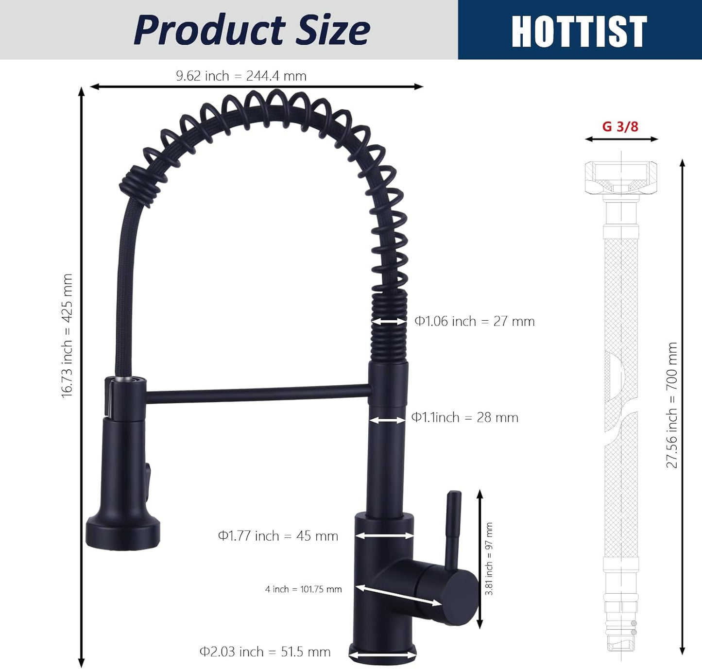 Wasserhahn Küche Schwarz, Hochdruck Küchenarmatur Mit Brause Ausziehbar, Hoher Bogen Mischbatterie Küche 360°Drehbar 2 Sprühfunktionen, Spiralfeder Spültischarmatur Edelstahl, Mattschwarz