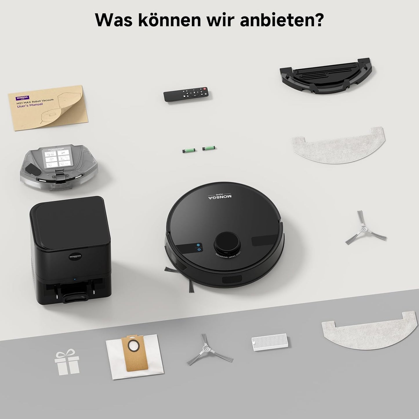 MONSGA Saugroboter Mit Wischfunktion, 3.5L Staubsauger Roboter Mit Absaugstation, 5000Pa Saugkraft, 180Min Laufzeit, Lidar Navigation, Starke Saugkraft Ideal Für Teppich Und Tierhaare, APP Steuerung