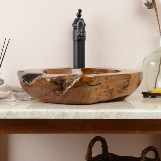 Holz - Waschbecken 45 Cm Unikatauswahl Nach Dem Kauf Teakholz Rund Lasiert Für Bad WC Garten Aufsatz-Waschbecken Handwaschbecken Von Wohnfreuden