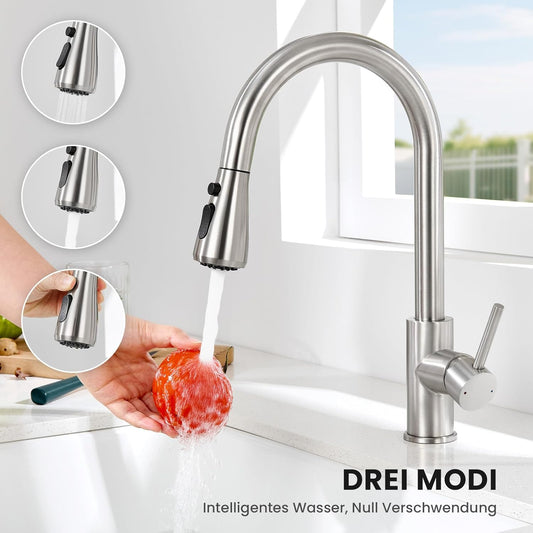 CECIPA Wasserhahn Küche Mit 3 Modi, Hochdruck Küchenarmatur Mit Brause Ausziehbar, Mischbatterie Küche 360° Schwenkbar, Einhebel Spültischarmatur Küche Mit Hohem Bogen, Armatur Küche Edelstahl