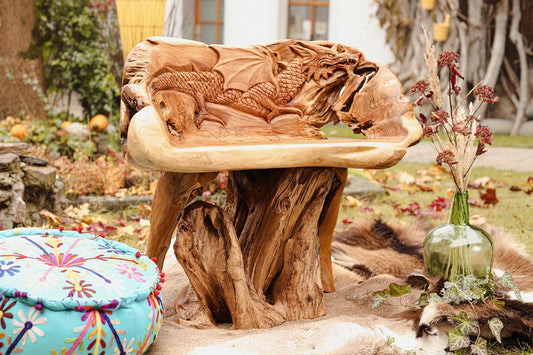 Windalf Massiver Gartenstuhl Mit Drachen NACHTSCHATTEN 80 Cm Holz-Hocker Handarbeit Wurzelholz