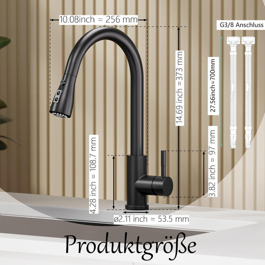Wasserhahn Küche Schwarz, SEMANEY Hochdruck Küchenarmatur Ausziehbar, 3 Funktionen Einhebel Spültischarmatur Küche, 360° Schwenkbar Armatur Mischbatterie Küche, Edelstahl