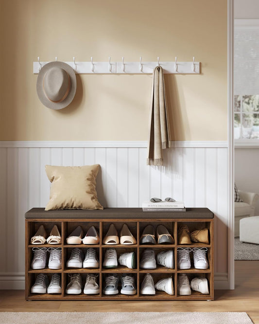 VASAGLE Schuhbank, Schuhregal Mit Sitzfläche, Sitzbank Mit Stauraum, Kissen, 15 Fächer, Für Wohnzimmer, Flur, 30 X 105 X 48 Cm, Vintagebraun-Kastanienbraun LHS15BX