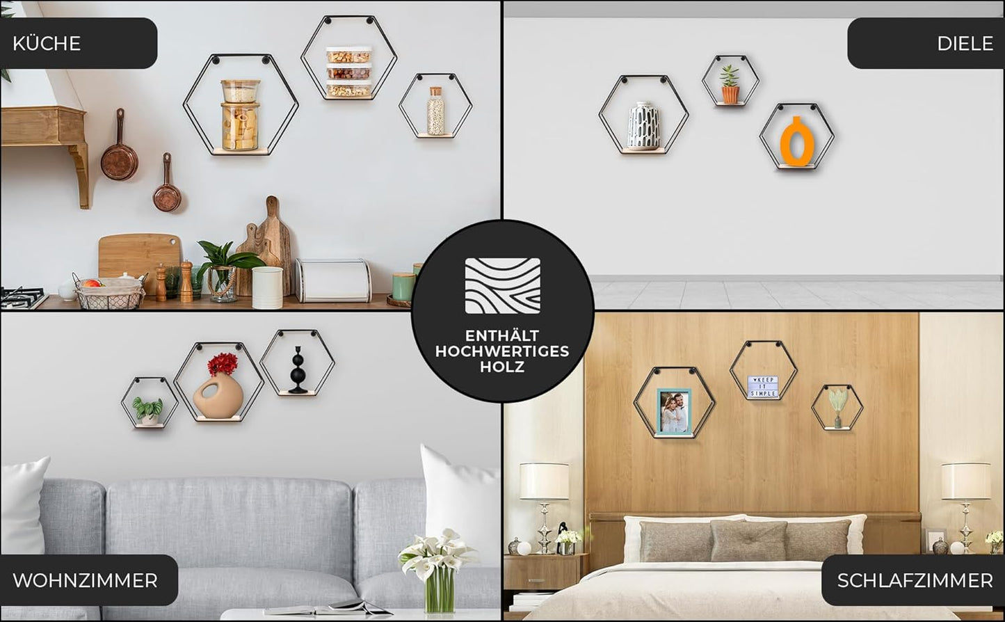 3Er Hexagon Wandregal Set, Schwarze Metall Schweberegale Mit Holzablage, Modernes Wabenregal Für Wohnzimmer, Schlafzimmer, Küche & Büro, Stabiles Stahlrahmen Regal Mit Schrauben & Montagezubehör