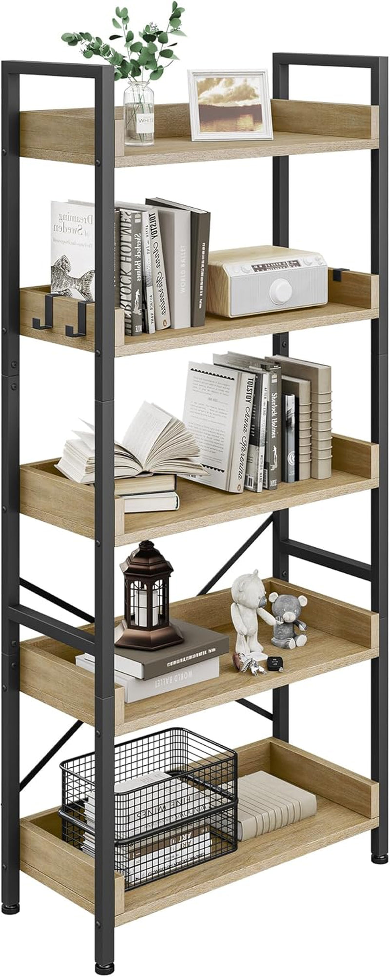YITAHOME Bücherregal 5 Etagen, Bodenstehendes Bücherregal, Holzregal Und Stabiles Stahlrahmenregal Mit 4 Haken Industrielles Lagerregal Für Wohnzimmer, Heimbüro, Eiche Farbe
