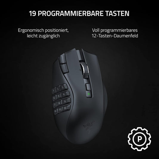Razer Naga V2 Hyperspeed - Ergonomische Kabellose MMO Gaming Maus (19 Programmierbaren Tasten, Wireless 2,4 Ghz, Bluetooth, Bis Zu 250 Stunden, Focus Pro 30K Optischer Sensor) Schwarz