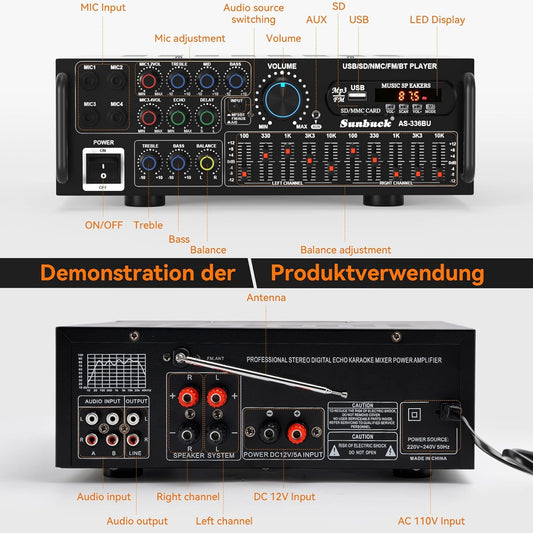Areyourshop Hifi Verstärker Stereo Pa Endstufe Mit Bluetooth 5.0 2000W Audio Receiver Karaoke FM USB SD AUX, Vorverstärker Hifi 5-Band-Eq-Mixer, 4 Mikr, Verstärker Mit Boxen, Tuner Hifi Stereo