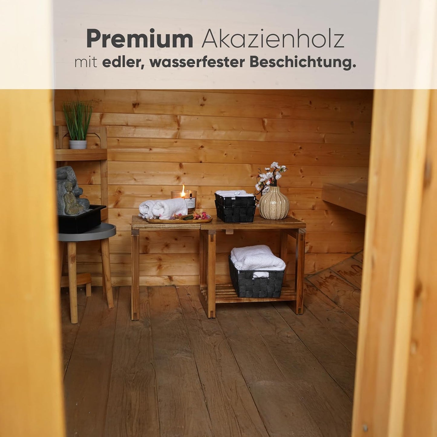 Ausziehbarer Duschhocker Aus Akazienholz - Duschbank Akazie Mit Ablage - Multifunktionale Saunabank - Hocker & Beistelltisch Aus Holz Für Badezimmer - Dusche - Balkon - Garten - Outdoor - Indoor