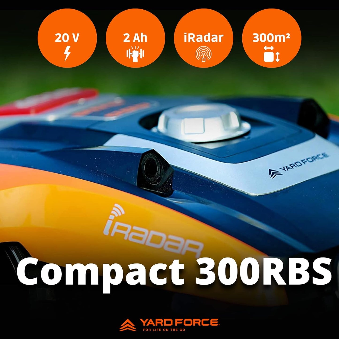 YARD FORCE Compact 300RBS, Mähroboter Bis 300 Qm Rasenfläche, Iradar, Ultraschallsensoren, Bürstenloser Motor, Einfache Bedienung, Bluetooth- Und App-Steuerung, 30% Steigung, 20V / 2,0Ah Li-Ion Akku