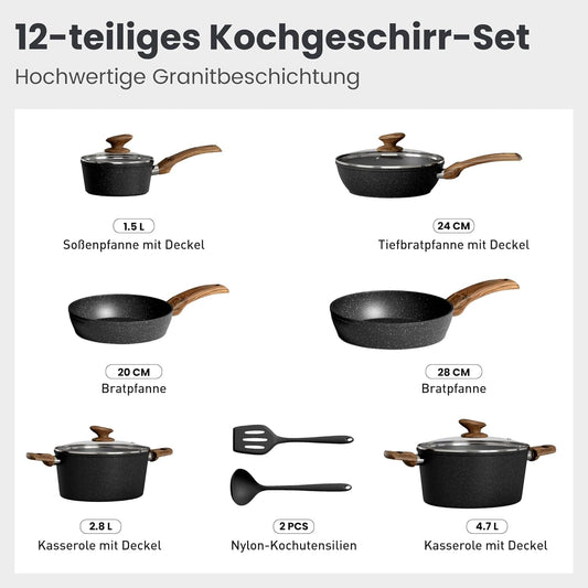 Dishdelight Induktions Töpfe Set Topf Und Pfannenset 12-Teiliges Granit Antihaft Topfset Induktion Kochtopf Set Pfanne Mit Deckel Bratpfannen Beschichteter