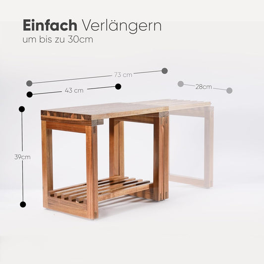 Ausziehbarer Duschhocker Aus Akazienholz - Duschbank Akazie Mit Ablage - Multifunktionale Saunabank - Hocker & Beistelltisch Aus Holz Für Badezimmer - Dusche - Balkon - Garten - Outdoor - Indoor