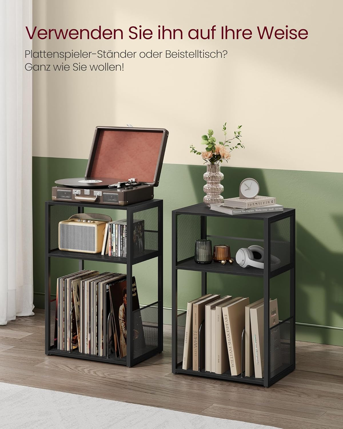 VASAGLE Plattenspieler-Ständer, 3 Etagen, Beistelltisch, Aufbewahrung Von Schallplatten, Bis Zu 100 Alben, Tisch Für Wohnzimmer, Schlafzimmer, Ebenholzschwarz LET275B01