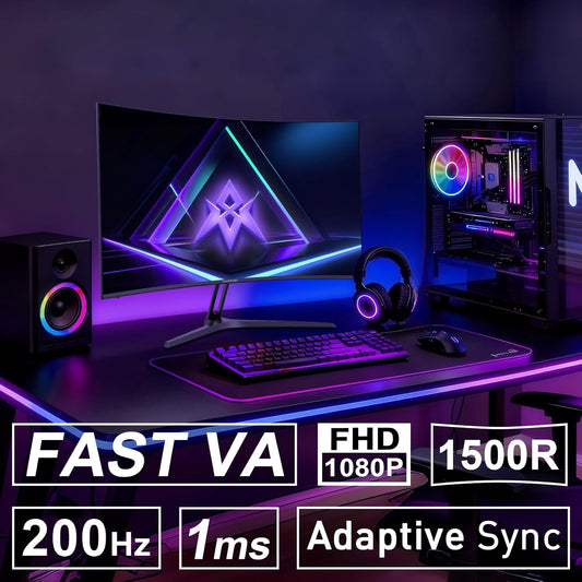 Amzfast 27 Zoll Curved Gaming Monitor - 200Hz, 1920X1080 FHD, Fast VA Panel, 1500R, 1Ms Gtg, Srgb 130%, 3000:1 Contrast, HDR, Adapive Sync, Blaulichtfilter, VESA 100 * 100, HDMI2.0&DP1.2 - AMZG27C1