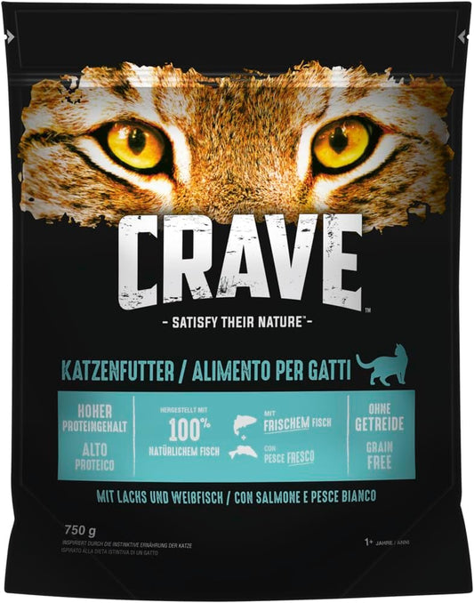 Crave Adult Trockenfutter Mit Lachs & Weißfisch, 6 Beutel, 6X750G – Premium Katzenfutter Trocken Mit Hohem Proteingehalt Und Ohne Getreide – Hergestellt Mit 100 Prozent Natürlichem Fisch