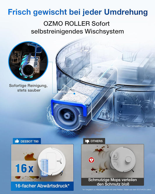 ECOVACS DEEBOT T80 Omni Saugroboter Mit Wischfunktion, 18.000 Pa, OZMO Roller Wischwalze Mit Kontinuierlicher Frischwasser-Selbstreinigung, Zerotangle 3.0,Moppwäsche Mit 40-75℃ Heißem Wasser, Schwarz