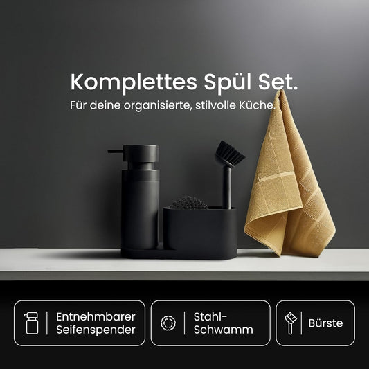 Blackswedenhome. Design Spülbecken Organizer Mit Entnehmbaren Spülmittelspender Spülbürste Und Schwamm - Küchenorganizer - Spüle Organizer Aus Kunststein Sink Spül Set Seifenspender Schwarz Matt